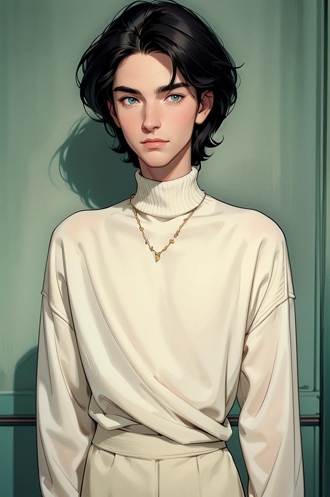 (best quality), 1boy, pale skin, black hair, medium hair, curtain hair, tousled hair, green eyes, perfect eyes, dark circles under eyes, tall, slender, handsome, strong jawline, lazy, light smile, attractive, turtleneck sweater, masterpiece, anatomically correct, highres
