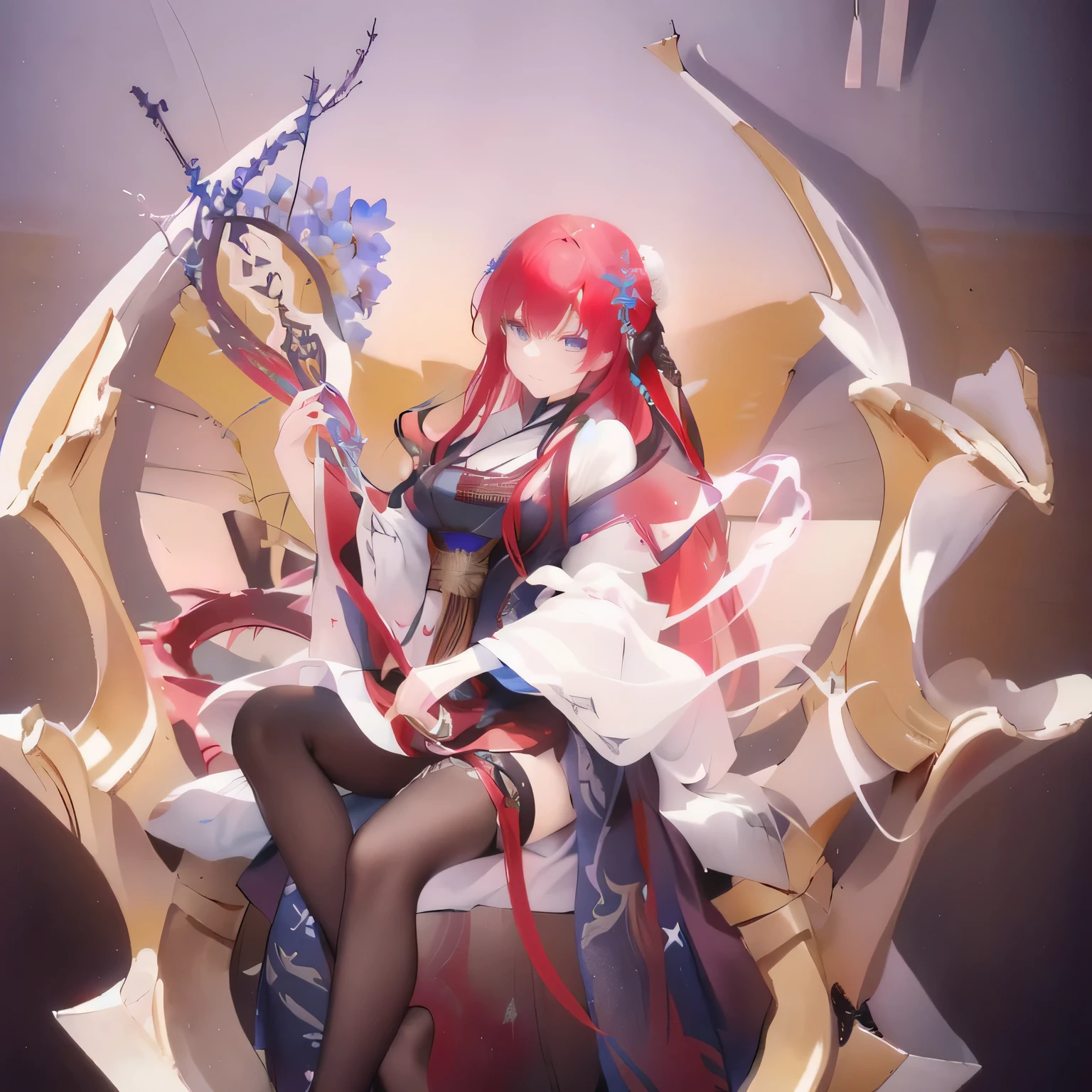 Red-haired anime girl holding a sword and blue flowers, Kushat Krenz Key Women in Art, Shadowverse Style, Lamia, Digital Art on pixiv, Zerochan art, Keqing from genshin impact, Detailed fan art, Qatar, Pixiv competition winner, Anime fantasy illustration, A complete portrait of an elementalist, Detailed key animation art, Official Fanart