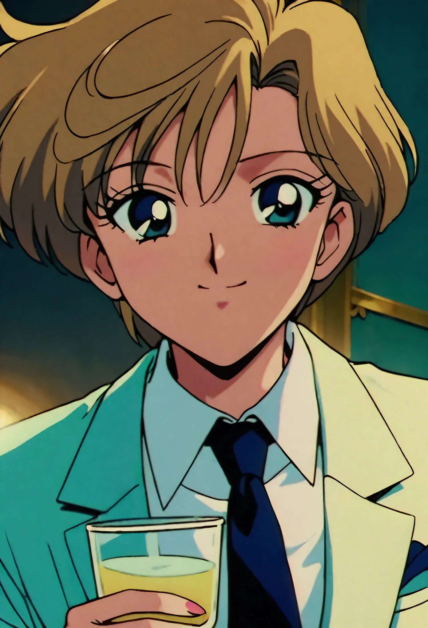 masterpiece,best quality,very aesthetic,absurdres,1990s \(style\),1girl,solo,flat chest,Sailor Uranus XL,blue eyes,necktie,short hair,blonde hair,tuxedo,suit,shirt,white shirt,ballroom e youkoso, holding cup,smile,looking at viewer,