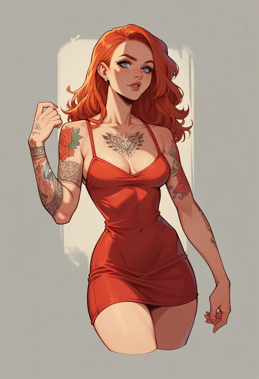 redhead model with tattoos wearing a short red dress with blue eyes on a busy street