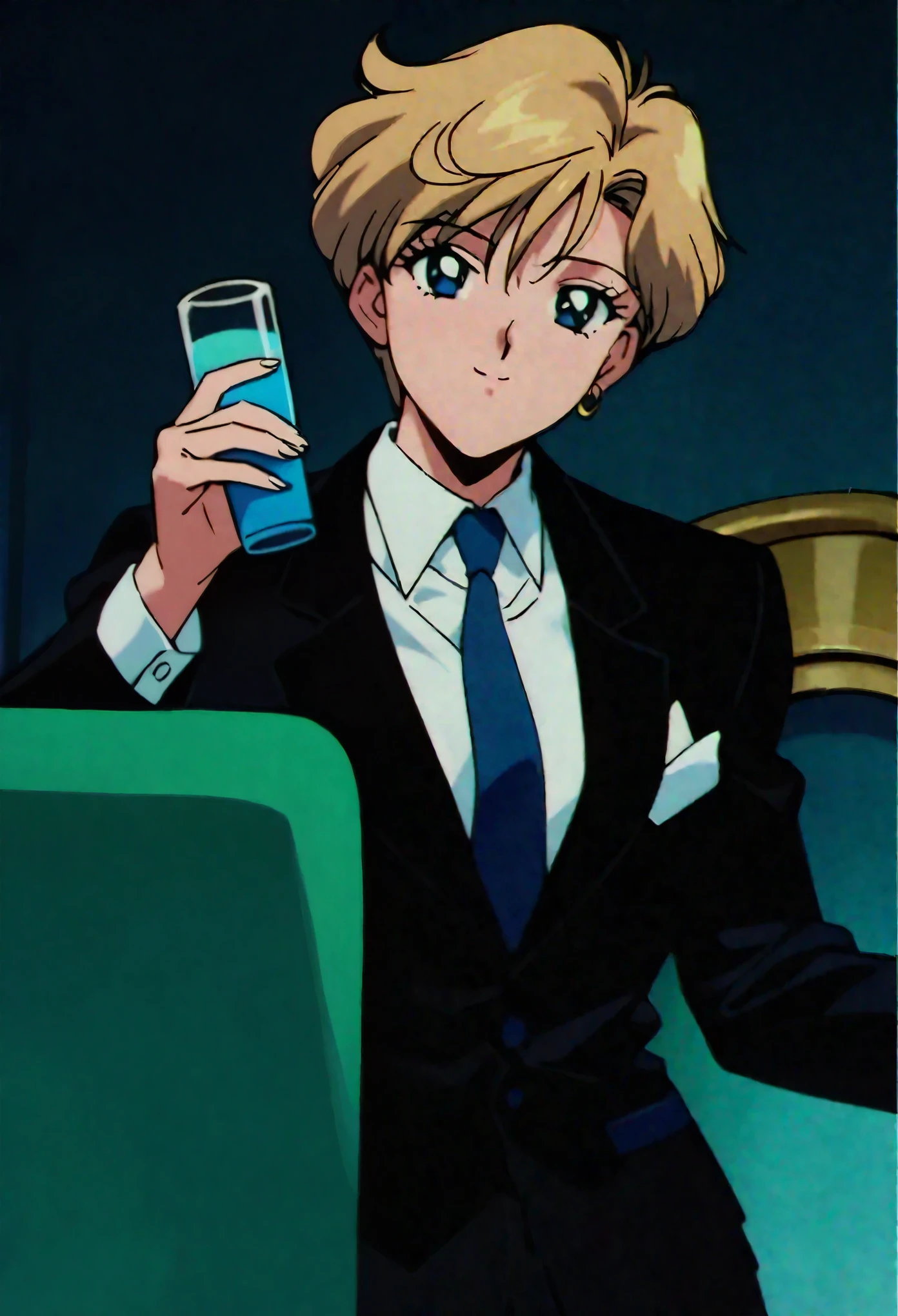 masterpiece,best quality,very aesthetic,absurdres,1990s \(style\),1girl,solo,flat chest,Sailor Uranus XL,blue eyes,necktie,short hair,blonde hair,tuxedo,suit,shirt,white shirt,ballroom e youkoso, holding cup,smile,looking at viewer,