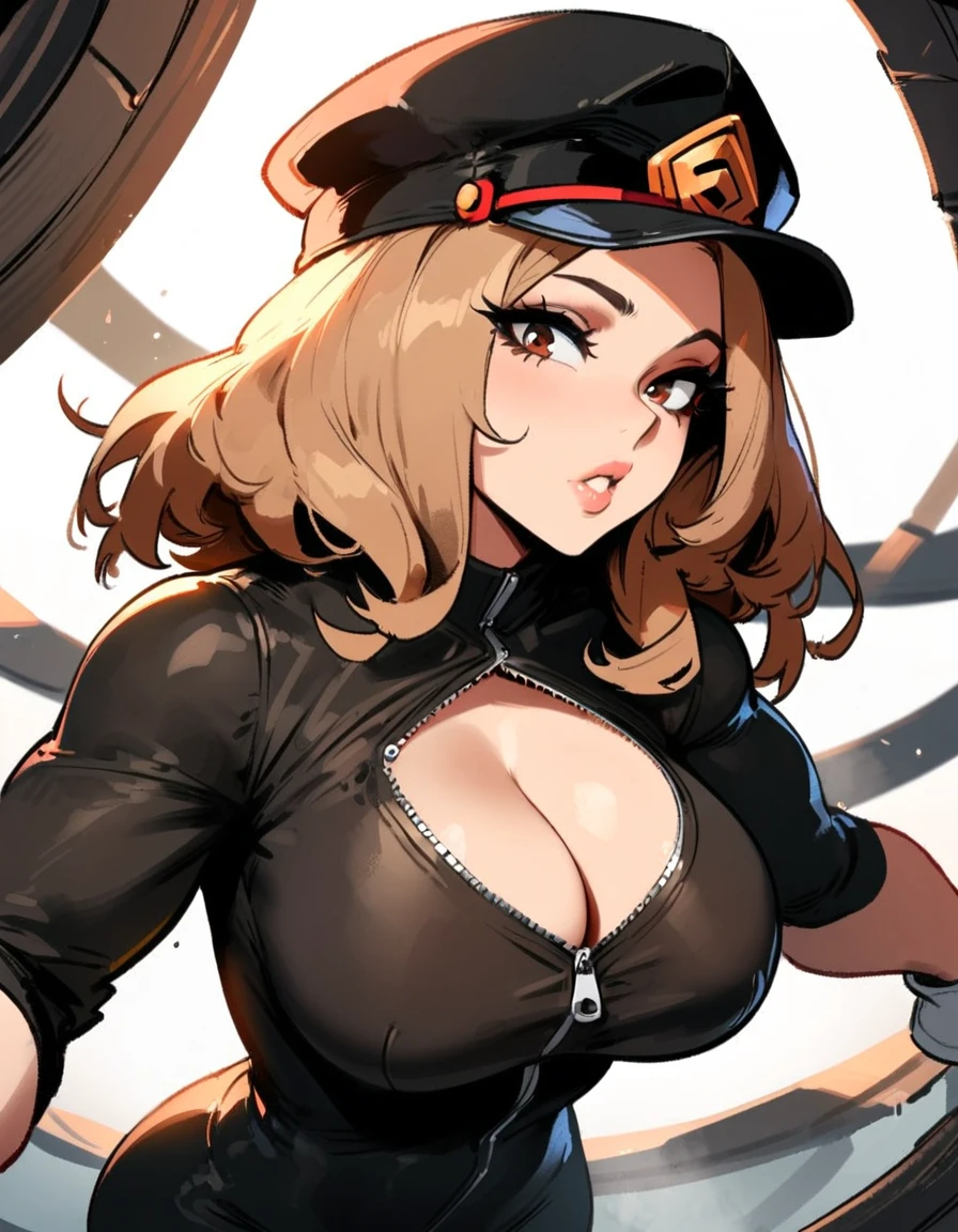 1girl, utsushimi kemii, boku no hero academia \\\\\ masterpiece, best quality, very aesthetic, absurdres, newest \\\\\\ slim body,///// ,by nyantcha,cutesexyrobutts , by khyle,,////// beautiful face,  light brown hair  ,plump and glossy lips, . , looking at viewer, close-up, dark brown eyes,, cap,  black catsuit with a zipper running down the middle, left slightly down to reveal her cleavage. She wears white cuffs around her wrists,,standing, white background, 
