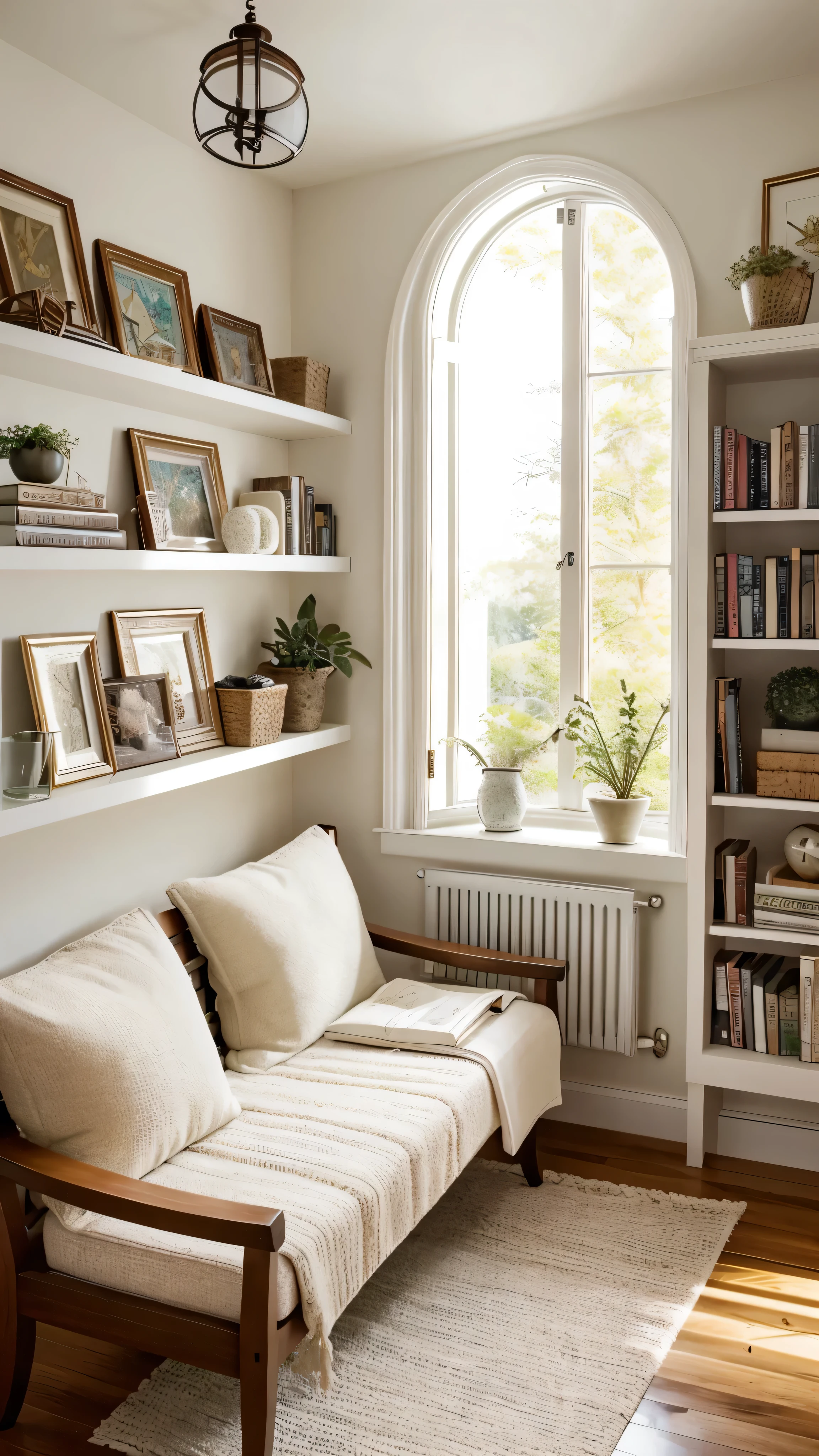 Imagine a serene reading nook nestled in a cozy corner of a bright, airy room. The space is bathed in natural light streaming through a large, arched window that offers a picturesque view of the lush greenery outside. The walls and built-in shelves are painted a soft white, creating a clean and calming atmosphere. A comfortable, cushioned bench seat, adorned with an assortment of patterned throw pillows, invites you to relax and lose yourself in a good book. The shelves are thoughtfully arranged with a mix of decorative plates and books, adding a touch of charm and character to the space. A small wall-mounted lamp provides additional light for those late-night reading sessions. This inviting alcove is the perfect blend of comfort and elegance, making it an ideal spot to unwind and escape into your favorite stories.