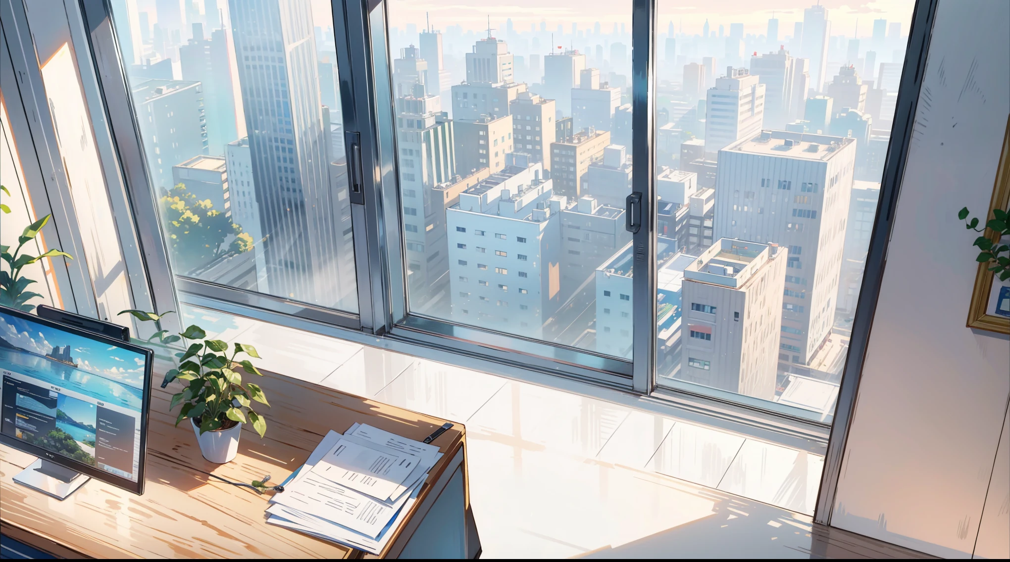 (best quality,masterpiece:1.2,detailed details,4k), office, president's office, floor-to-ceiling windows, potted plants, computers and documents on the desk, top-down view scene,