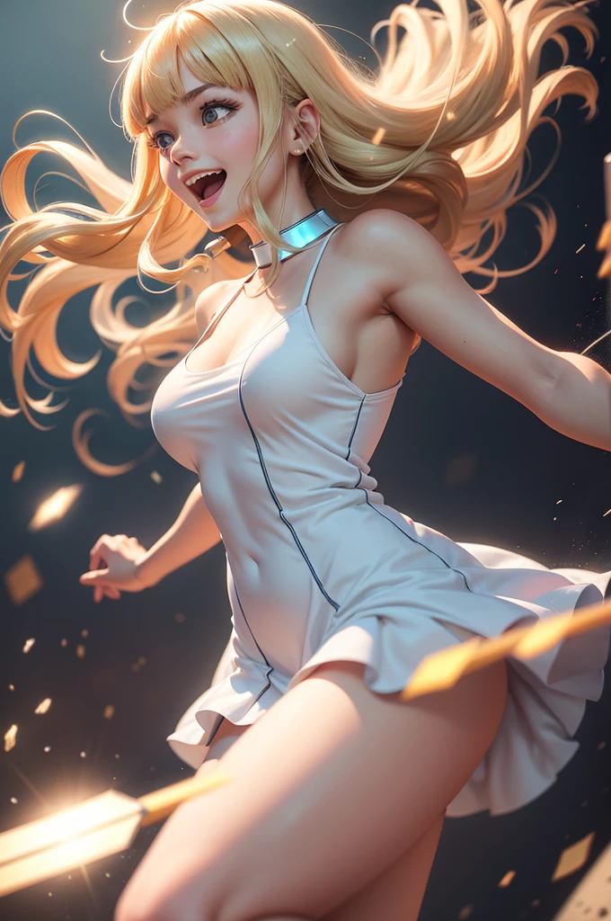 Perfect human body modeling, 1girl, pretty face, blunt bangs, Long hair, drill hair, twin drills, blonde hair, shiny hair, glow eyes, jitome, brown eyes, tsurime, white skin, huge breasts, Short body, ight particles, light sparkles, lens flare, Light particles, Magic light, strong light, gorgeous dress, Princess Dresses, loud laughter, A young lady mocks those of low status
