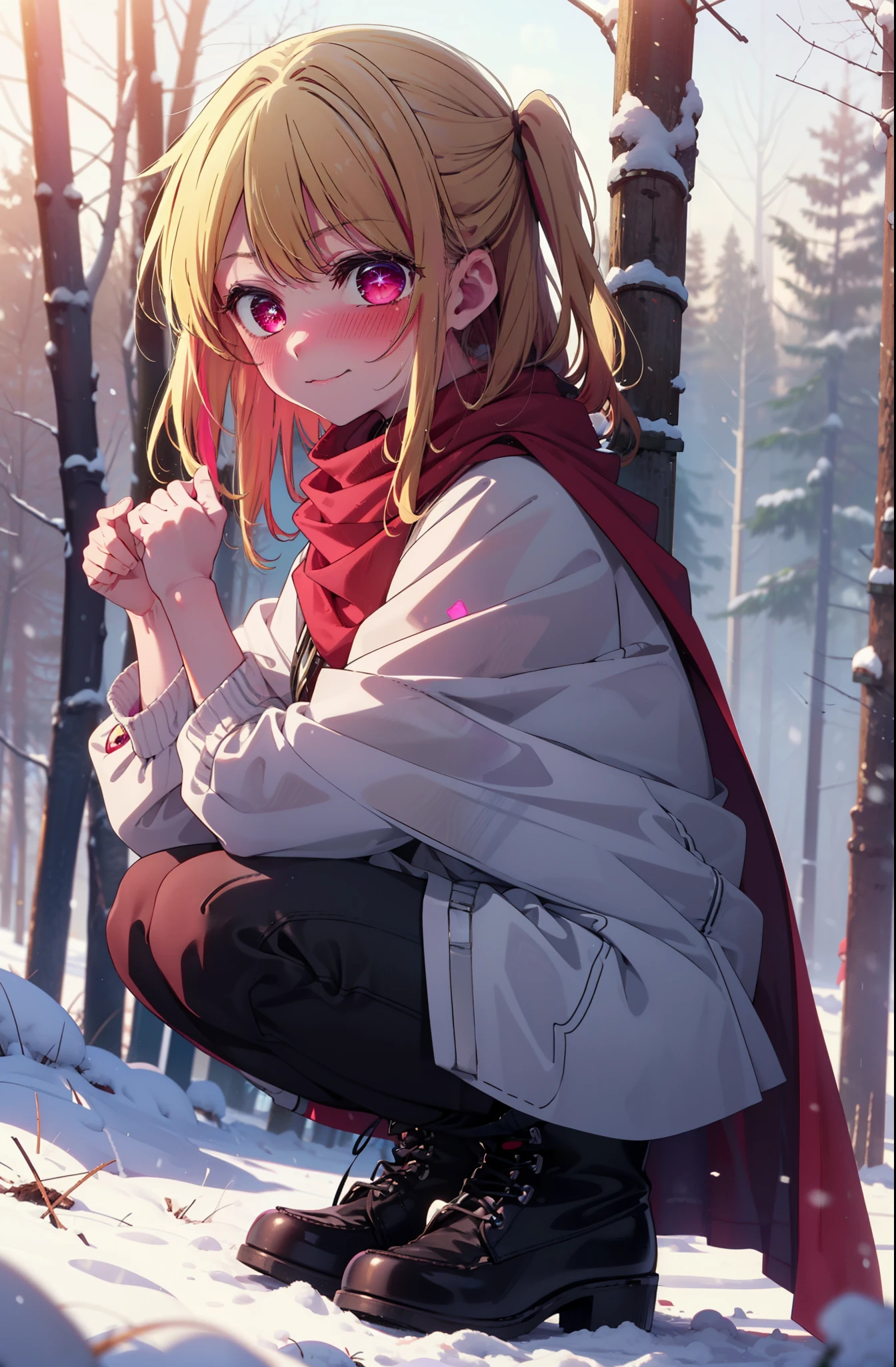 rubyhoshino, Hoshino Ruby, Long Hair, bangs, Blonde, (Pink Eyes:1.3), Side Lock, (Symbol-shaped pupil:1.5), Multicolored Hair, Two-tone hair, smile,,smile,blush,White Breath,
Open your mouth,snow,Ground bonfire, Outdoor, boots, snowing, From the side, wood, suitcase, Cape, Blurred, , forest, White handbag, nature, Squat, Mouth closed, Cape, winter, Written boundary depth, Black shoes, red Cape break looking at viewer, Upper Body, whole body, break Outdoor, forest, nature, break (masterpiece:1.2), Highest quality, High resolution, unity 8k wallpaper, (shape:0.8), (Beautiful and beautiful eyes:1.6), Highly detailed face, Perfect lighting, Highly detailed CG, (Perfect hands, Perfect Anatomy),