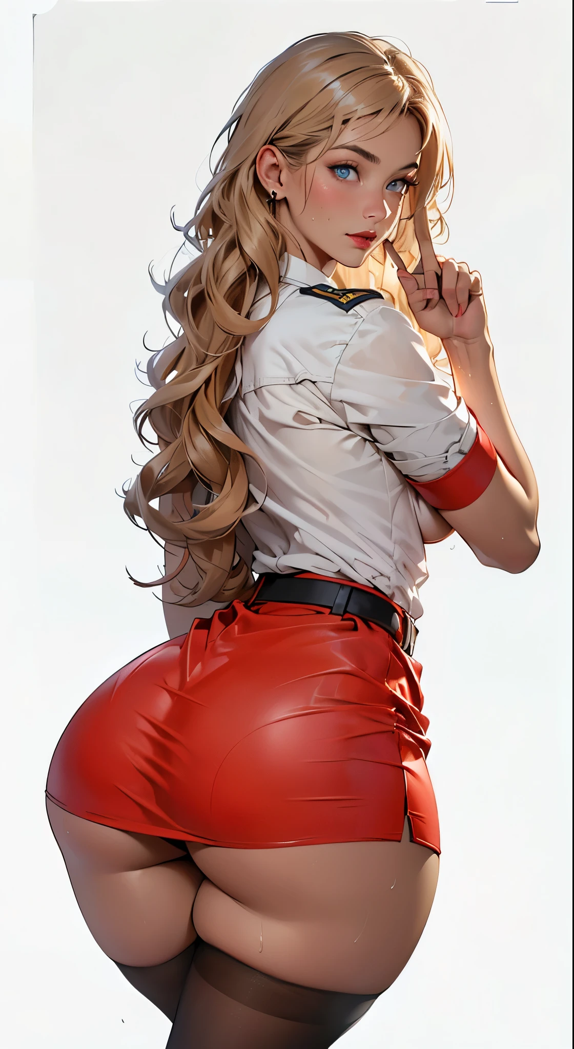 1 female、silk stockings,(Super beautiful)、(Pretty Face:1.5)、(A European stewardess1.5)、(Brown curly hair1.2)、(Bangs:1.1)、(Red leather skirt:1.1)、(Flight attendant uniform)、(Tailored Jackets)、(Solid Navy Mini Skirt)、(Brown wavy hair:1.2)、High heel、(Dark Makeup),Smooth and delicate skin,Sweat on the skin,(Masterpiece: 1.4), (8000, Realism, RAW photo, best quality: 1.4), Japanese, (1 girl), beautiful face, (lifelike face: 1.4), (brown wavy roll: 1.3), beautiful hair style, beautiful and meticulous eyes, (best proportion eyes: 1.5), attractive, ultra-high resolution, surRealism, very detailed, best aspect ratio, (meticulous face: 1.4), looking at the audience, red lipstick, (best finger proportion: 1.5), (a beautiful stewardess looking at the camera), [(18 years), whole body, (lifelike blue eyes: 1.2), (strength display In describing the behavior of female superman, (very good, very good: 1.4), lively nipples, (bare nipples, bare breasts, realistic high proportion breasts, realistic big breasts): 1.3), (shut up: 1.4), (camel then cat: 1.3), away from cat,