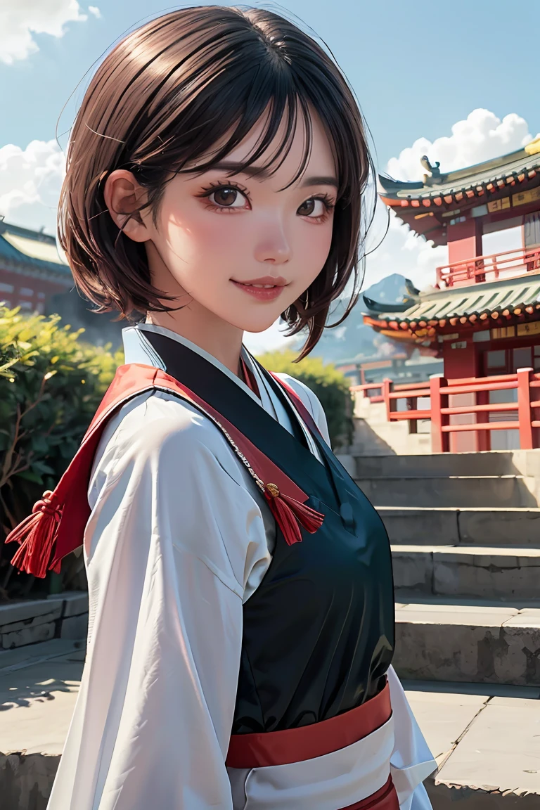 ganyudef, upper body, smile, blush, outdoors, day, simple background, blue sky, short hair, sky, chinese traditional house, looking at viewer, stairs, liyue, moody lighting,