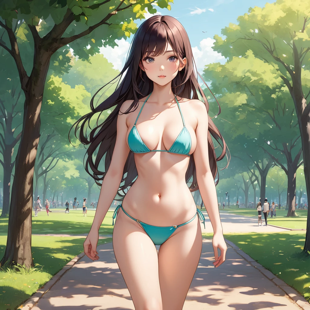 girl in a park, she wears a mini bikini, your hair is long, Your body is slim and defined, your  are of average size, de corpo inteiro