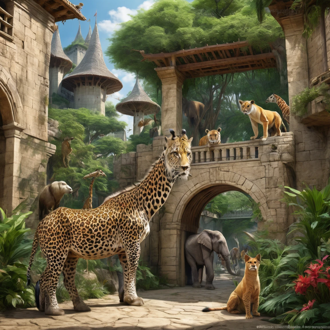 ((best quality)), ((masterpiece)), ((realistic,digital art)), (super detailed), (Zoo impérial avec des animaux exotiques), view from the ground, (style medieval fantasy)