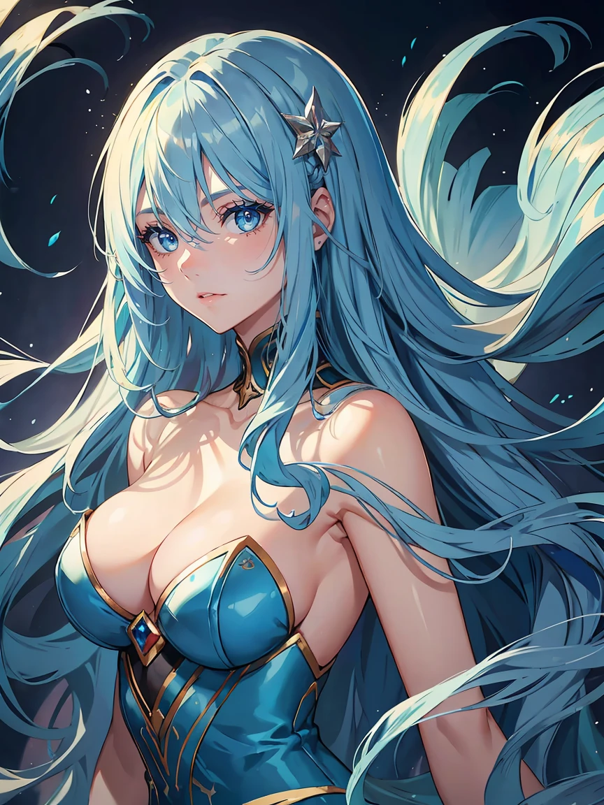 handsome girl,blue-eyes,blue pupils,Long blue hair,Hyperresolution,accuracy,Detailed rendering,(Subtle facial image)(Image of fine hair)(topquality)(Masterpieces of masters)(High degree of completeness)(A sense of atmosphere)tmasterpiece,Super detailed and super detailed(half-body portrait), long wavy blue hair, merfolk, large breasts, in water,
