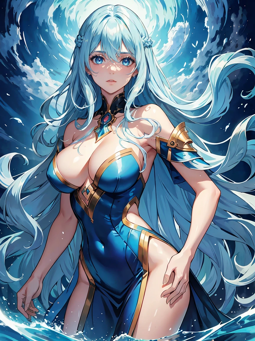 handsome girl,blue-eyes,blue pupils,Long blue hair,Hyperresolution,accuracy,Detailed rendering,(Subtle facial image)(Image of fine hair)(topquality)(Masterpieces of masters)(High degree of completeness)(A sense of atmosphere)tmasterpiece,Super detailed and super detailed(half-body portrait), long wavy blue hair, merfolk, large breasts, in water,