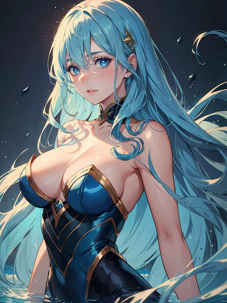 handsome girl，blue-eyes，blue pupils，Long blue hair，Hyperresolution，accuracy，Detailed rendering，（Subtle facial image）（Image of fine hair）（topquality）（Masterpieces of masters）（High degree of completeness）（A sense of atmosphere）tmasterpiece，Super detailed and super detailed（half-body portrait), long wavy blue hair, merfolk, large breasts, in water, 