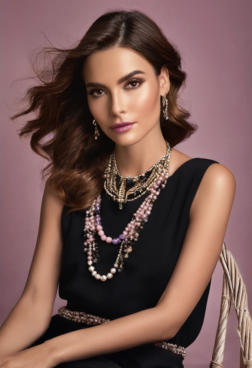 A woman in a black dress is sitting on a white table. She has long hair and is wearing a necklace. The woman appears to be an actor or model, exuding elegance and grace. Her facial features suggest she is in her early thirties and she exudes confidence. The colors in the image are primarily soft pink, dark brown, and light purple, with accents of black. The woman''s outfit is stylish and chic, with the necklace adding a touch of sophistication. The overall vibe is glamorous and sophisticated, perfect for a fashion or beauty shoot.