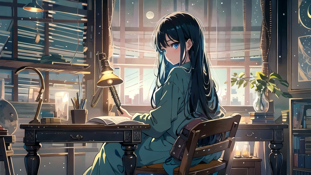 Create an illustration of a girl with black hair and blue eyes, sitting in a chair in front of a desk, Has a sentimental, introspective look。, The moonlight gently shines into the room, Gently illuminate the space, Curtains sway in the wind, Increase tranquility, Gloomy mood, Emphasise the theme of loneliness, silence, And the depths of night, The room is dark、Dimly lit by moonlight
