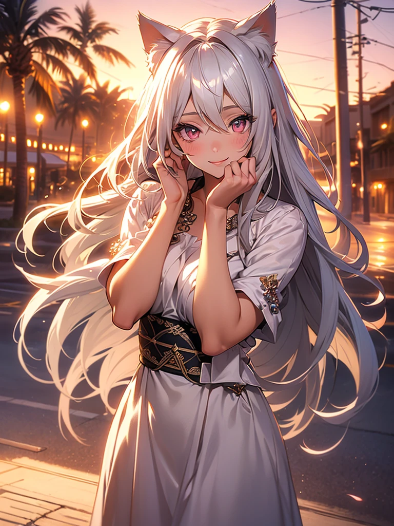 a highly detailed portrait of a pretty girl with medium breasts, a beautiful silver hair, pink eyes, and cat ears, smiling against a sunset beach landscape with an orange, pink, and yellow sky, palm trees swaying, seagulls flying, and a crystal clear sea gently kissing the white sand shore, creating a dynamic and breathtaking yet peaceful atmosphere,beautiful detailed eyes,beautiful detailed lips,extremely detailed eyes and face,longeyelashes,1girl,oil painting,illustration,3D render,photography,intricate details,vibrant colors,warm lighting,cinematic,dramatic,serene,calming