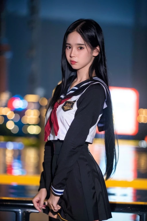 best quality, ultra high res, (photorealistic:1.4), 1girl, the girl wearing black sailor uniform, long hair, night, city scape background, city light, cinematic lighting, 80s filter, zoom to face, detailed face , looking at viewer, front view