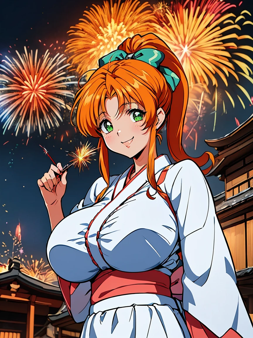 アニメ,アニメ style,high resolution、high quality、masterpiece、4K,8K,(yukata,huge breasts),(fukawa_miku, green eyes, orange hair, long hair, ponytail, green bow,happy smile),(shrine、firework、Night view、crowd、looking at viewer:1.4)