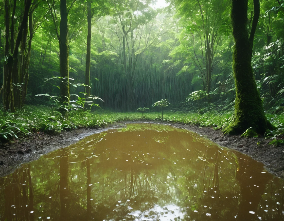 A fairy forest with light rain、Ripple in a puddle