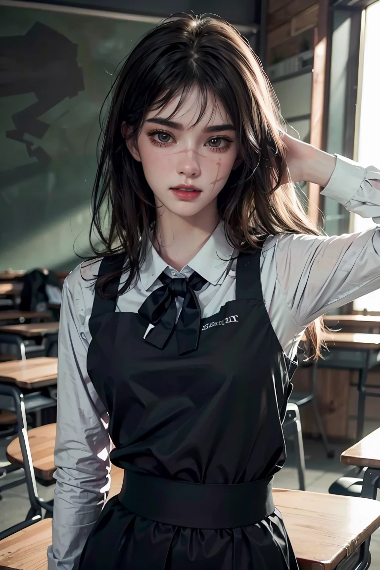 (hyper-realistic), (illustration), (high resolution), (8K), (extremely detailed), (best illustration), Yoru ( Chainsaw Man ), (beautiful detailed eyes), (best quality), (ultra-detailed), (masterpiece), (wallpaper), (detailed face), solo, upper body, focus on face, 1 girl, long black hair, Korean, thin eyeshadow, well-detailed eyes, brown eyes, small moles under the eyes, long sleeve shirt, neck bow,  small breasts, pinafore dress, dynamic pose, low lighting, classroom, night, dark