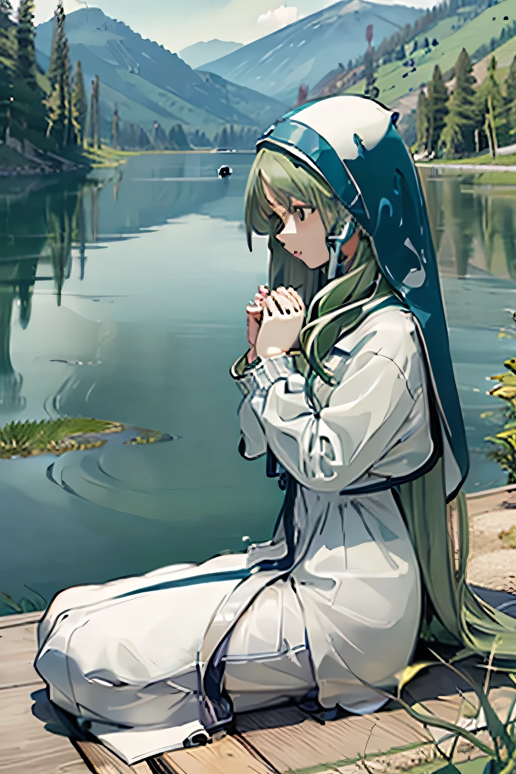 high quality、Detailed Description、One Girl、Green Hair、Long Hair、White hood、Blue Eyes、White habit、holding a cross、prayer、Christian、Lake in the background、Lake Suwa in the background