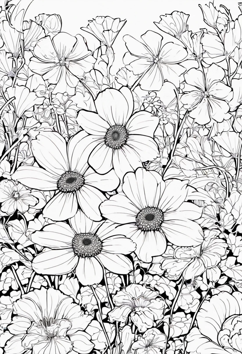 white and black Flowers with a white background, ploynesian, garden, art for coloring book page, full white background, only use outline, line art, clean line art, mandala for coloring with nature ornaments, simple and clean line art, adorned in Art Nouveau style, with a stroke of Alfons Mucha's brush, perfect details, real