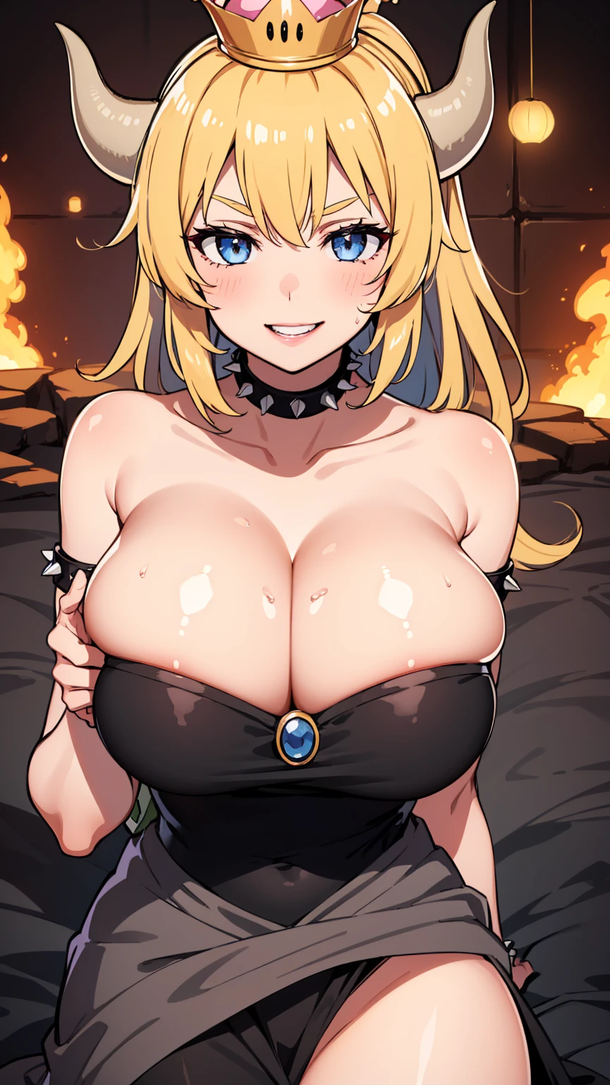 best quality, high resolution, large breasts, blonde hair, blush, Evil smile, cowboy shot, looking at viewer, bowsette, pink lip, (((gigantic breasts))), in a volcano with lava , (((marked collarbones))),
