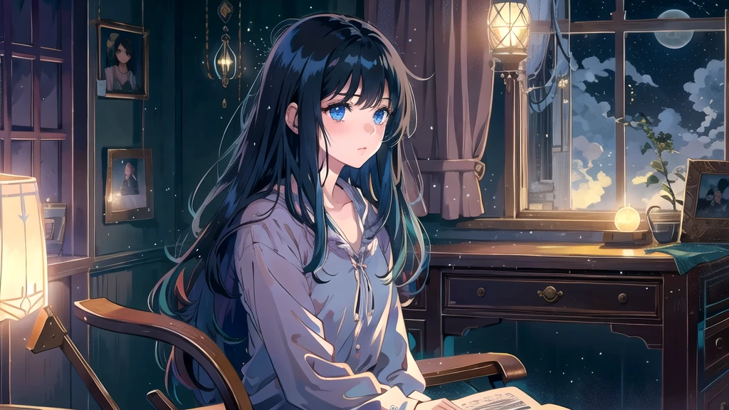 Create an illustration of a girl with black hair and blue eyes, sitting in a chair in front of a desk, Has a sentimental, introspective look。, The moonlight gently shines into the room, Gently illuminate the space, Curtains sway in the wind, Increase tranquility, Gloomy mood, Emphasise the theme of loneliness, silence, And the depths of night, The room is dark、Dimly lit by moonlight