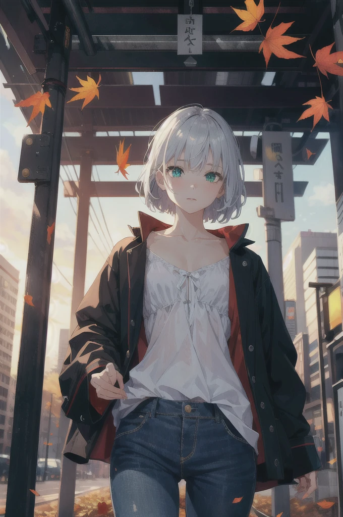 Japan, High resolution, Highest quality, figure, Super detailed, (Detailed face), (Fine grain), Soft lighting, Highest quality, Faint glow, Dreamy atmosphere, Super detailed, masterpiece, One girl, alone, Silver Hair, Green Eyes, Nude Model, Glowing Eyes, Medium chest, (colorful), Cowboy Shot, From below, Outdoor, morning, cloud, Skyscrapers in the background, industrial use, public transport, Urban, concrete buildings, concrete, Sidewalk, busy, wood, autumn, Fallen leaves,