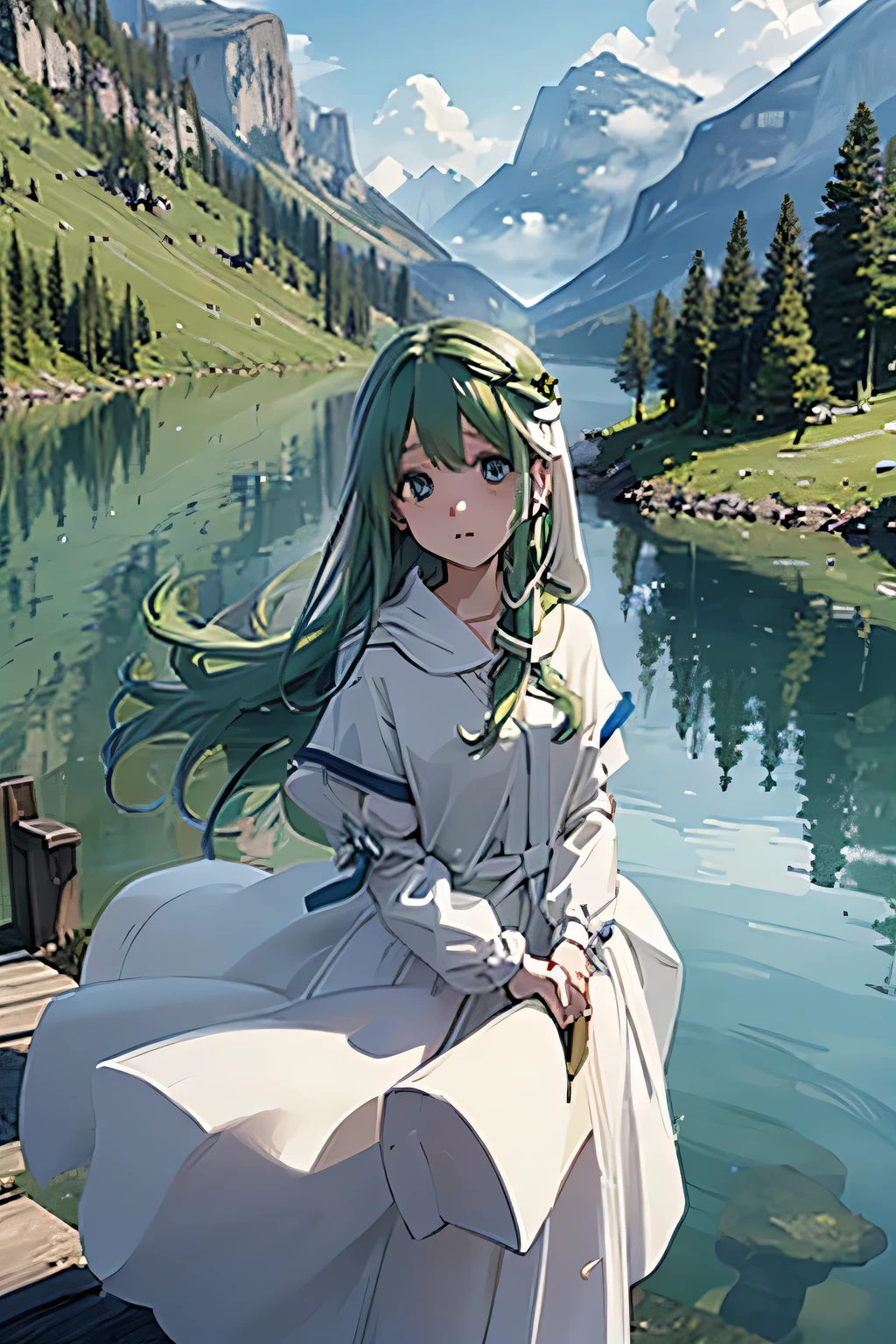 high quality、Detailed Description、One Girl、Green Hair、Long Hair、White hood、Blue Eyes、White habit、holding a cross、prayer、Christian、Lake in the background、Lake Suwa in the background