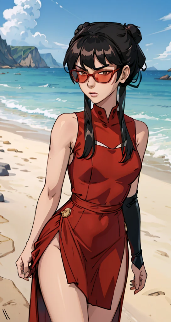 masterpiece, best quality, 1girl, portrait
mai, (((red chest sarashii, red dress))), side slit, black hair, medium hair, sidelocks, looking at viewer, beach background, ((looking over eyewear, adjusting eyewear, sunglasses)), bored sleeveless, looking at viewer,