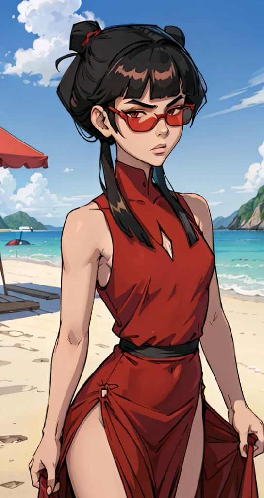 masterpiece, best quality, 1girl, portrait
mai, (((red chest sarashii, red dress))), side slit, black hair, medium hair, sidelocks, looking at viewer, beach background, ((looking over eyewear, adjusting eyewear, sunglasses)), bored sleeveless, looking at viewer,