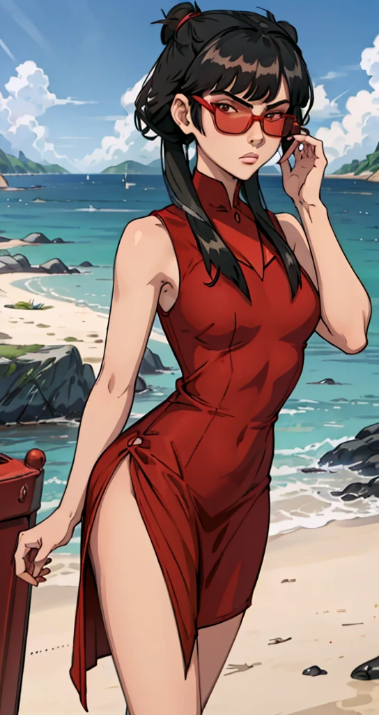 masterpiece, best quality, 1girl, portrait
mai, (((red chest sarashii, red dress))), side slit, black hair, medium hair, sidelocks, looking at viewer, beach background, ((looking over eyewear, adjusting eyewear, sunglasses)), bored sleeveless, looking at viewer,