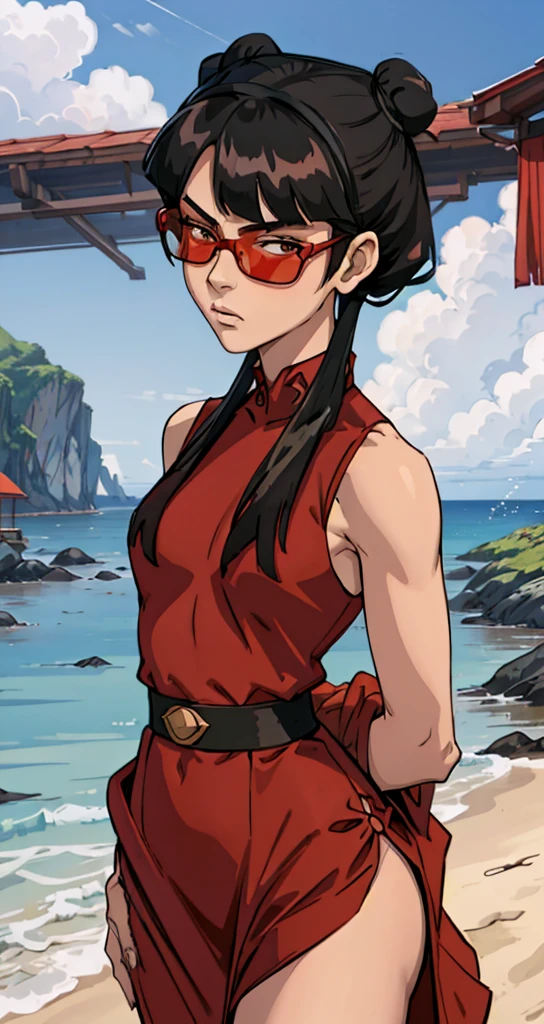 masterpiece, best quality, 1girl, portrait
mai, (((red chest sarashii, red dress))), side slit, black hair, medium hair, sidelocks, looking at viewer, beach background, ((looking over eyewear, adjusting eyewear, sunglasses)), bored sleeveless, looking at viewer,