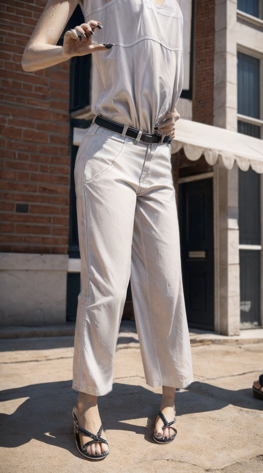 Standing on the extremely hot street,Wearing cotton clothes and trousers,Chest gemstones,Skinny girl(),snake,off white,Perfect fingers,Feet are clawed and wear black plastic sandals,Detailed and true,High Detail,high quality,High-resolution photos,Real and perfect eyes,Detailed paw,True and delicate skin,Claws,clear visual artwork,Five finger hand,Top quality,32k,Ultra high quality,Hot weather,Hot expression,real picture,Close-up of the paws