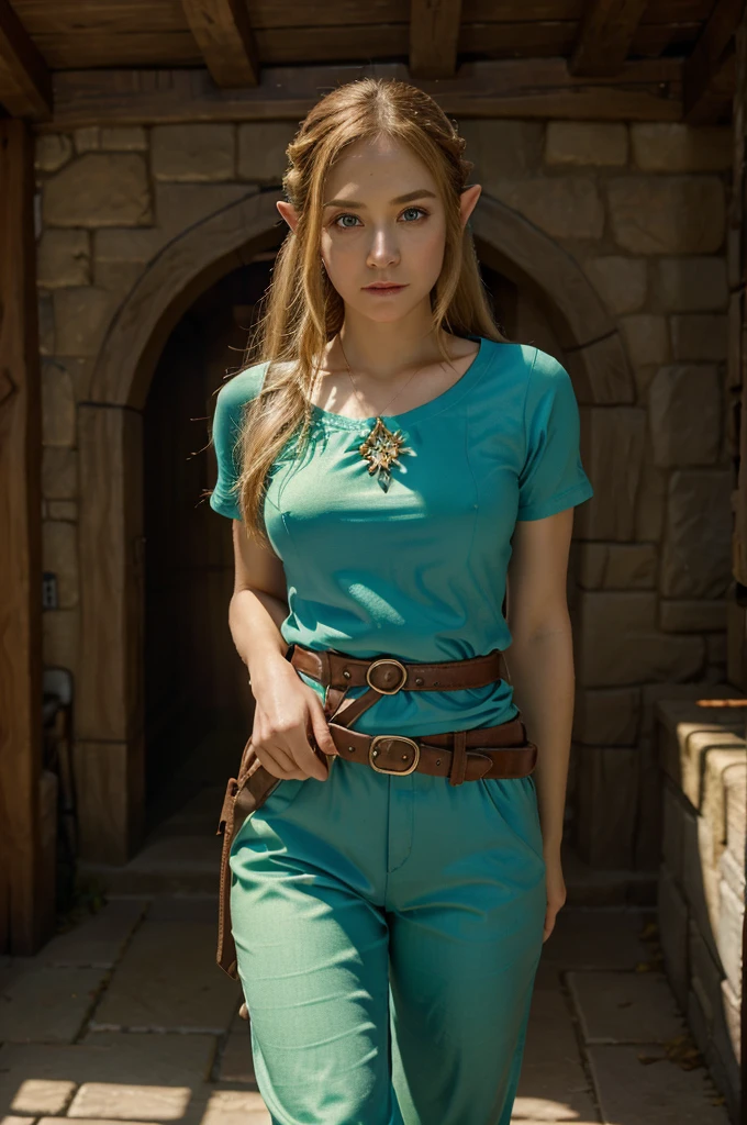 princess zelda, 1girl, artist request, belt, blonde hair, blue shirt, book, boots, expressionless, full body, green eyes, highres, looking at viewer, magic, nintendo, pants, pointy ears, shirt, short hair, simple background, solo, the legend of zelda, the legend of zelda: breath of the wild, the legend of zelda: tears of the kingdom, flower made of light, magic,A girl with long brown hair, has brown eyes with long eyelashes, her cheeks are natural red, sexy clothes
