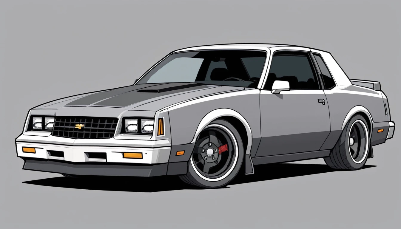 Destroyer Grey 1985 Chevy monte carlo ss, pop art, cartoonish style ,detailed, illustration, slammed to the ground, large black staggered wheels, wide bodykit, masterpiece, highly detailed ((([simple grey background])))