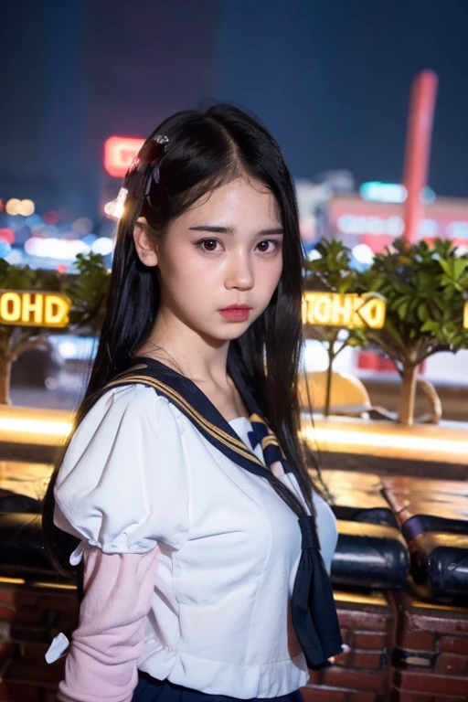 best quality, ultra high res, (photorealistic:1.4), 1girl, the girl wearing black sailor uniform, night, city scape background, city light, cinematic lighting, 80s filter, zoom to face, detailed face , looking at viewer, front view