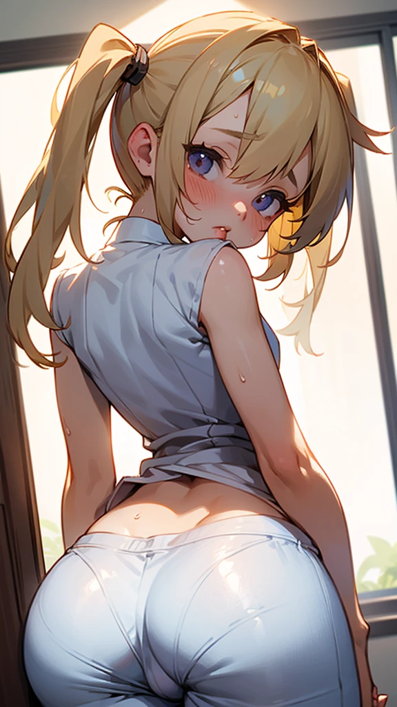 nsfw,(Petite),(A cute boy),blonde low twintails,lips,(Pants voyeur),Sweat,White Breath,Audience peering in from below,Back view,(Butt close-up,)