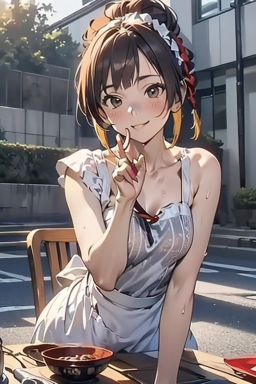 (A masterpiece of image quality in 8K),(from below:1.2),(Beautiful Allafed Woman),(((emphasizing breasts:1.0))),(Dynamic angles),(Dynamic and sexy bending pose:1.3),(sit a chair:1.3),(Short hair in shiny silver and orange inner colors,(perky chest:1.1), (pointed chest:1.3),small full breasts,Disturbance of clothing due to movement,breast slip,(Ponytail twisted buns adorned with elaborate braids and beads,Braided Setup Fishbone Hair,),(see-through bangs),small breasts、(((A white lace apron that shows your bare skin from under your small breasts)))、Blush with embarrassment、Enraptured eyes、A smile that beguiles the viewer、(Look back:1.2)、Look into the photographer,skin glistening with sweat,gazing at viewer,,(Professional Lighting),(8K,masutepiece,top-quality,Ultra-high resolution output image,),(Ultra HD with complex detail image modes),depth of fields,Beautiful hands,Beautiful fingers,Detailed finger features,(Detailed hair features:1.7),detailed facial features,detailed clothes features,
