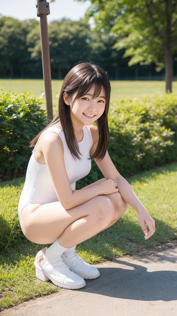 Reality，photo shoot、1 person Takako Zenba、、smile、
cute、Hairstyle up、
squat、White leotard、


