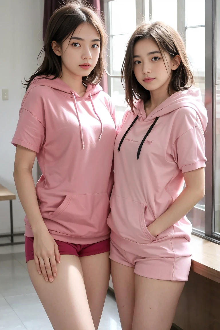 deux femmes ensemble de 18 ans sexy et mince , pink short sleeve hoodie , jambe visible , se touche,salle de classe,position sensuel