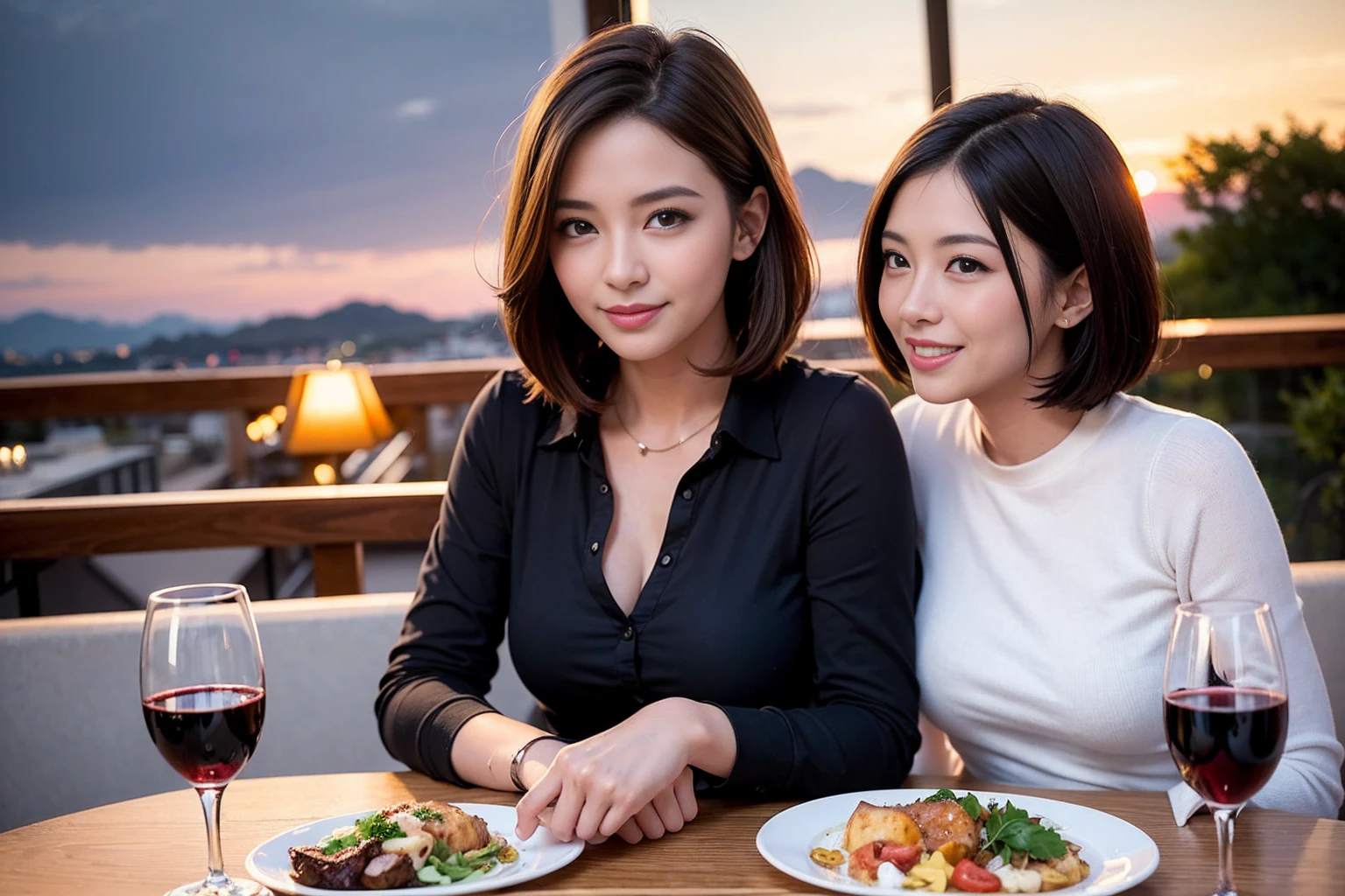 ((Highest quality、8K、masterpiece:1.3))、1 male 1 female、Slim Beauty、Beautiful couple、smile、full-course dinner、 (Slim face), (the body is スリム), (Brown Hair), (Shortcuts), ((Bob Hale、Straight hair:1.2)), テーブルの上のwine glass、Put the light on your face、 Amazing view of the sunset sky and clouds、smileの美しさ、Bright image、Blushing, Shortcuts, (43 years old), 39 years old, Appetizers、Italian food、Wine bottle、Champagne、sparkling wine、Long sleeve shirt、dress、Attractive beauty、restaurant, Nova Frog Style, actress, model, Upper Body, White wine, red wine, wine glass, 