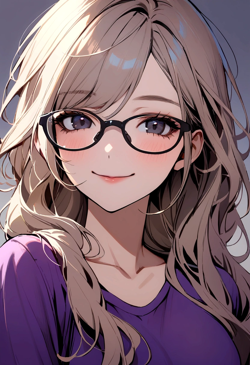 Girl with light apricot hair, long hair tied , no bangs, black eyes, gray glasses, purple t-shirt, sly smile