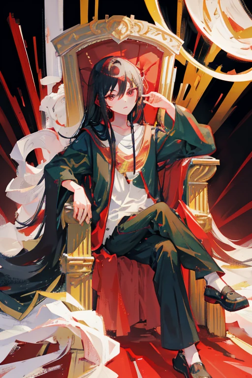 Generate a photo of an anime boy with long black hair and piercing red eyes sitting in a throne with aurora background .