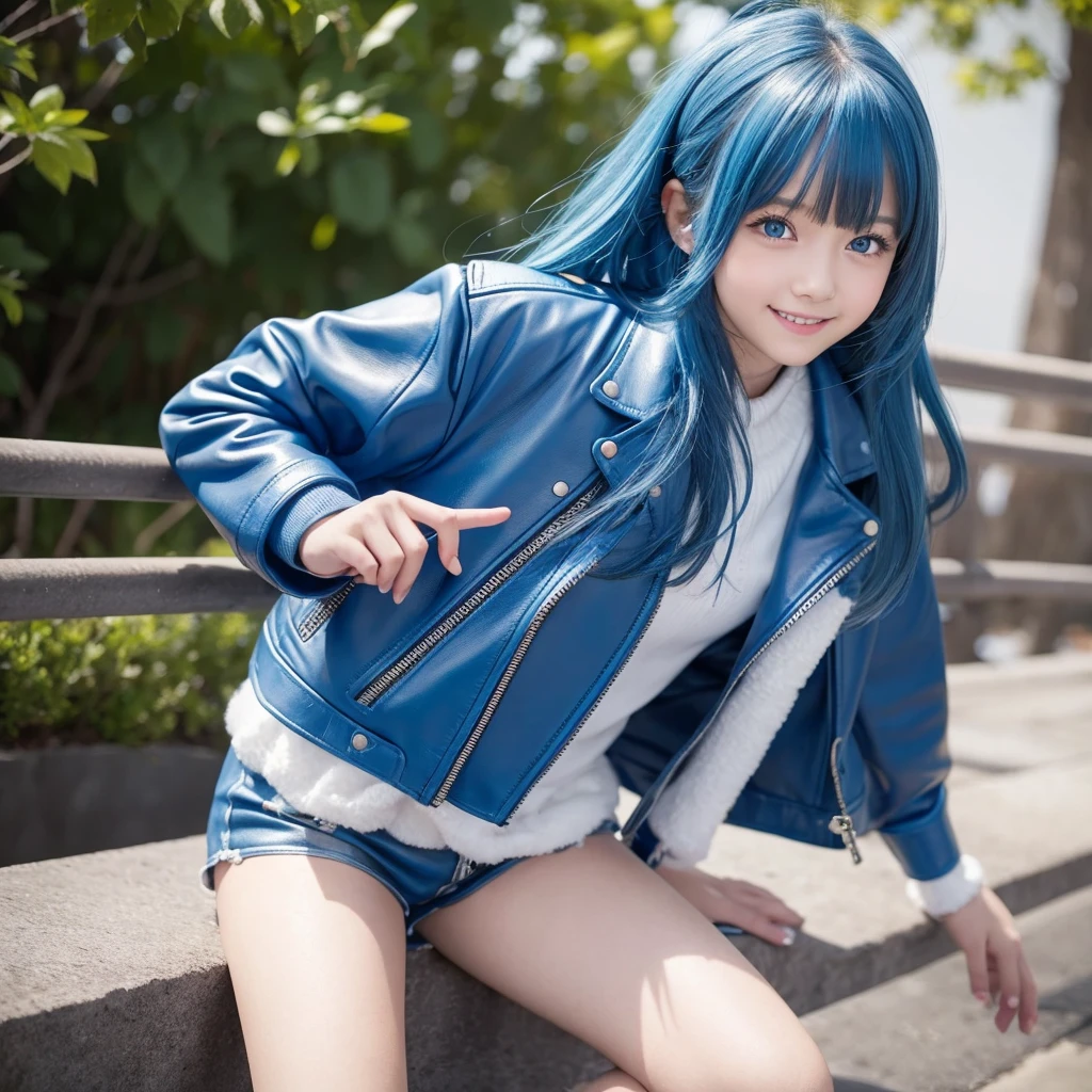 SVIP Limited Time 20% Off Try now SeaArt Bot Txt2Img Default 17:58:17 Elementary school girl,smile,Best Quality,8K,Highest quality,cute,fluffy,Angel,Long Hair,leather jacket,blue eyes,美しいcute女の子,Horny girl,Red leather shorts,Blue Hair Color,Latest Fashion,Girl,Loli girl,