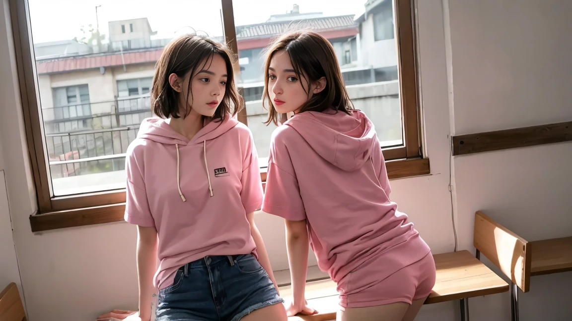 deux femmes ensemble de 18 ans sexy et mince , pink short sleeve hoodie , jambe visible , se touche,salle de classe,position sensuel,doggystyle,