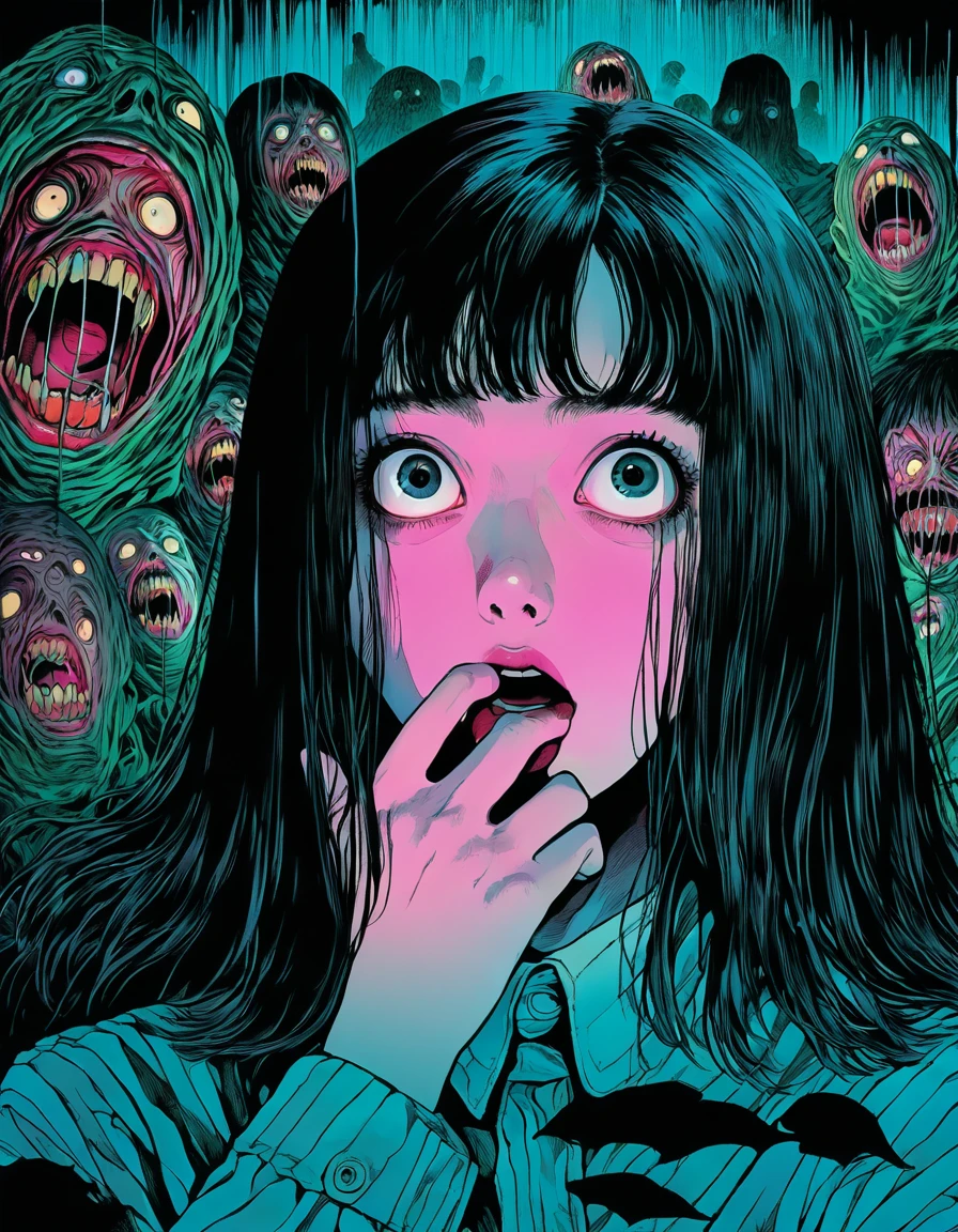 illust、art、from 80s horror movie, directed by Junji Ito、トイレ、Overaction、Overreaction、Acting frightened、high detail, realsitic shadow、Analog style, chromatic aberration, surrealism