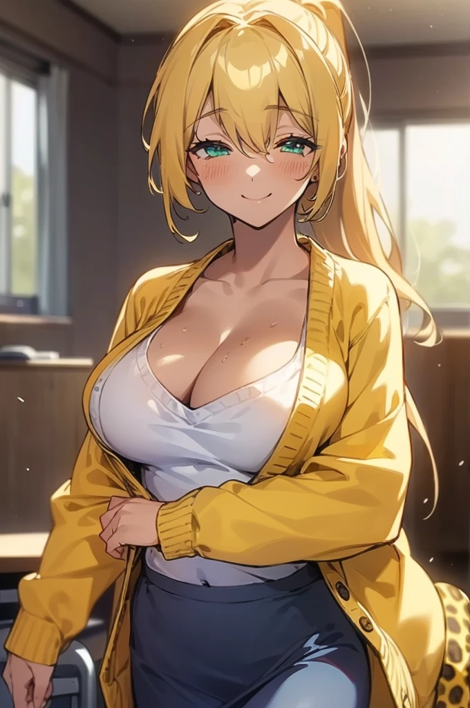 {masterpiece, distinct_image, extremely detailed CG, beautiful eyes and detailed face,realistic, photo realistic, 4k, 8k, high_resolution,perfect_finger, (beautiful_detailed_eyes:1.3), glitter, white_light,{1girl, face_focus,cowboy_shot, looking for_in_viewer, standing, },{adult, curvy, black_skin, (huge_breasts, wide_hip:1.3), navel, skinny_stomach,tight_gap, groin (white_shirt, sky_blue_short_skirt, cleavage,fantasy academy , yellow_colored_cardigan, leopard print underwear, tanning_skin :1.5), (golden_hair, green_eyes, long_hair, ponytail:1.3), hime_cut, (half closed eyes, smiling face:1.3), sweat, university_classroom_indoor_background }