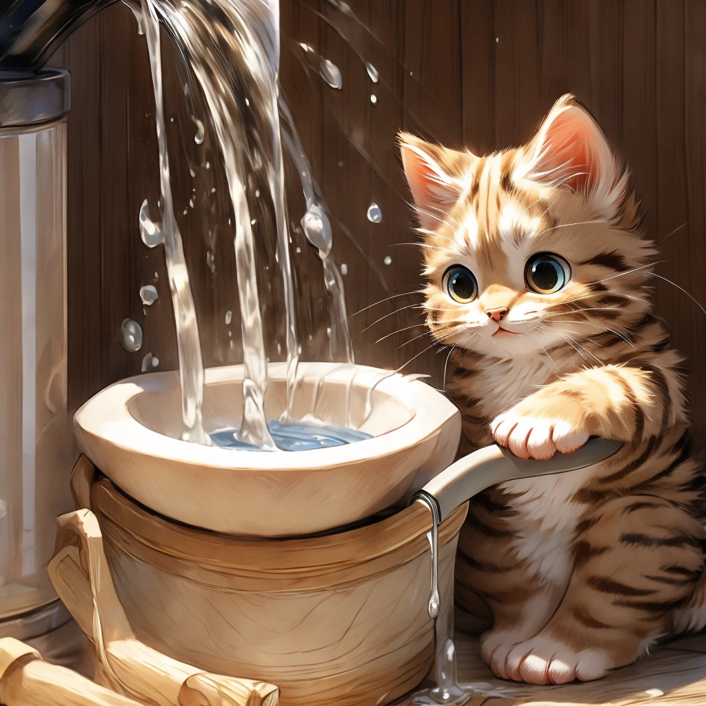 Brown tabby kitten、Drinking water falling from the tap